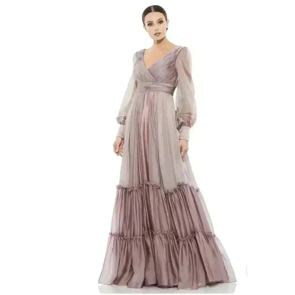 Mac Duggal Wrap Illusion Bishop Sleeve Tiered Gown Sz 6 Mocha Formal Maxi Dress - Picture 1 of 7